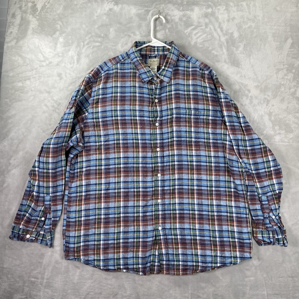 L.L. Bean Shirt Mens XXL Button Up 100% Linen Long Sleeve Plaid Blue Regular Fit